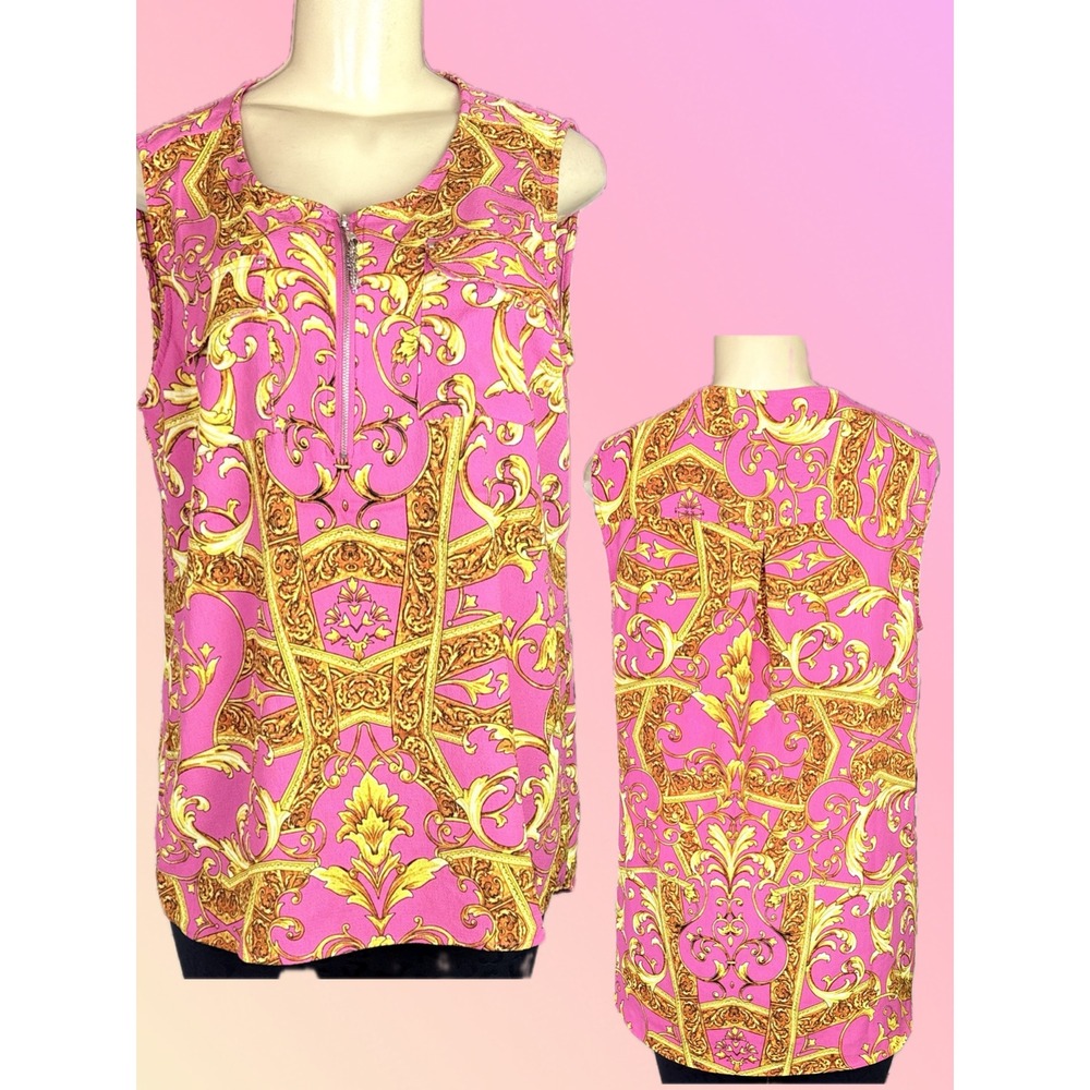 Cathy Daniels Pink Gold Baroque Scroll Sleeveless Half Zip Neckline Blouse Large